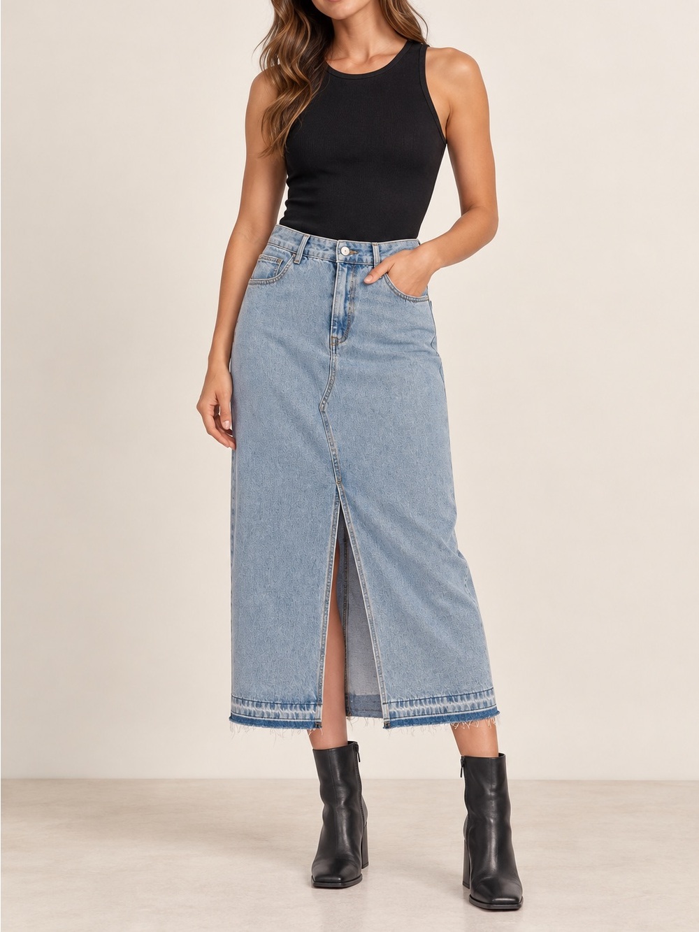 NWT Kuwalla Light Wash Denim Midi Skirt Size 32 Front Slit Raw Hem